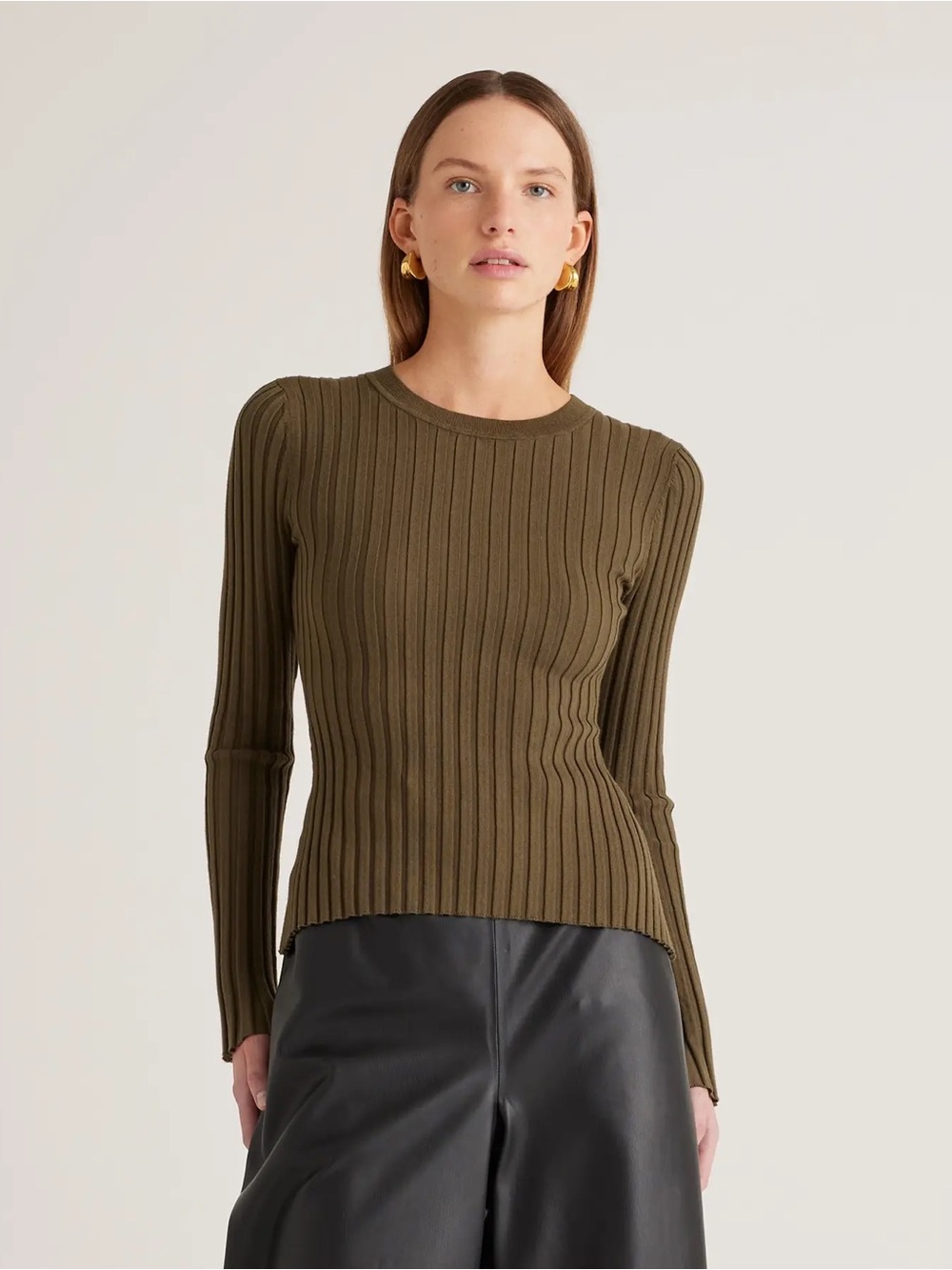 Quince Olive Green Ribbed Crewneck Sweater